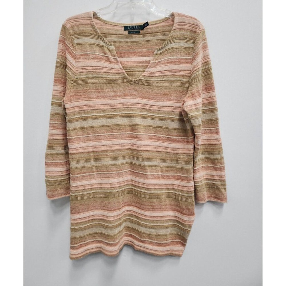 Lauren Ralph Lauren Denim Womens Sweater Medium Beige Linen Blend Striped Tunic - Picture 1 of 8